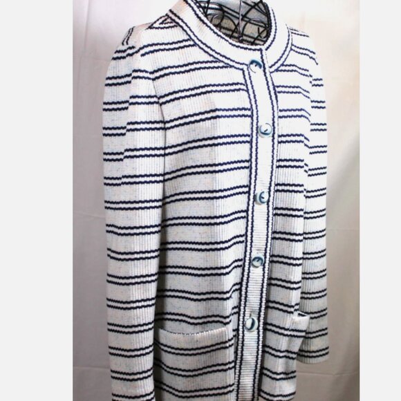 Vintage Blazer Ribbed Polyester Jacket Sz L White Blue Stripes Button Front - Picture 3 of 6